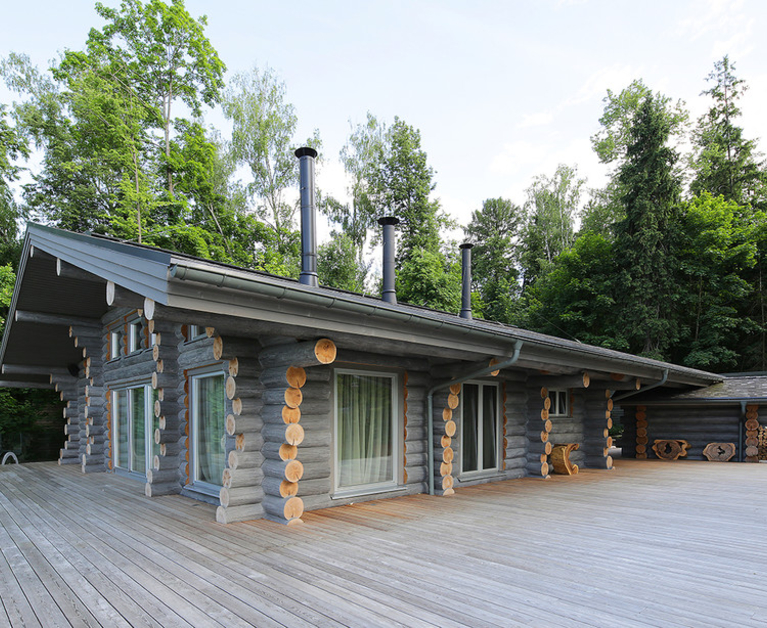 A newly built, wooden cottage